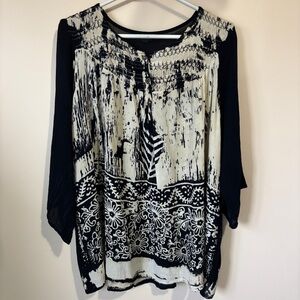 Papa Vancouver Cream & Black Graphic Floral Tie-Dye Vibe 3/4 Sleeve Blouse